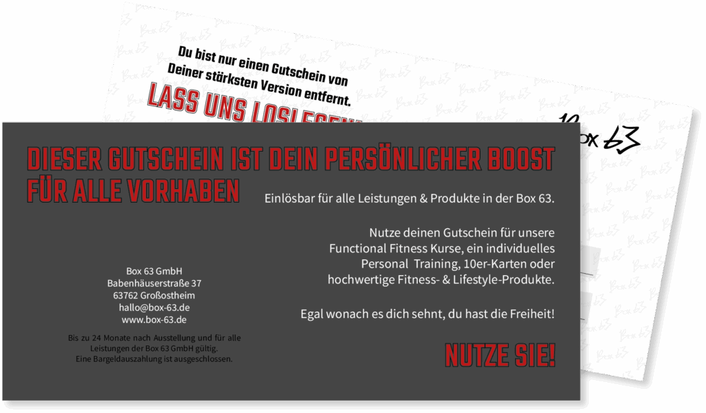 Eine schwarz-weiße Geschenkgutscheinkarte mit fettgedrucktem rot-weißem Text hebt exklusive Angebote für einen persönlichen Fitness-Boost hervor, einlösbar für Dienstleistungen bei Box 63. Einzelheiten zur Einlösung und Kontaktinformationen sind auf der Karte angegeben.